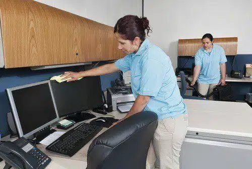 Office janitorial service includes careful cleaning of cubicles, surfaces and floors. Skilled janitorial services NYC also cleans computer equipment, keyboards and peripherals. 