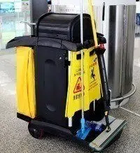 Covid-19 cleaning cart being used during the coronavirus pandemic in New York City. Eco friendly solutions are used by SanMar to disinfect surfaces in NYC commercial facilities. 