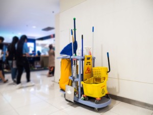 Best commercial cleaning supplies on a cart at a New York City commercial office.