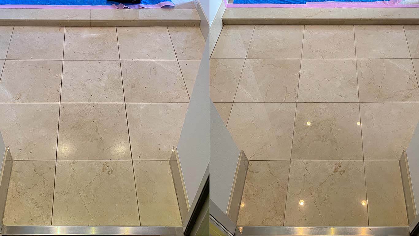 Light reflects off of marble floor following a NYC marble floor polishing service by SanMar.