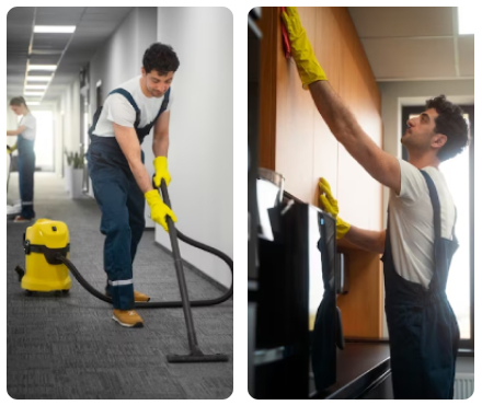 Manhattan commercial cleaning services, NYC. Commercial janitorial staff vacuum and wipe down surfaces, New York City.