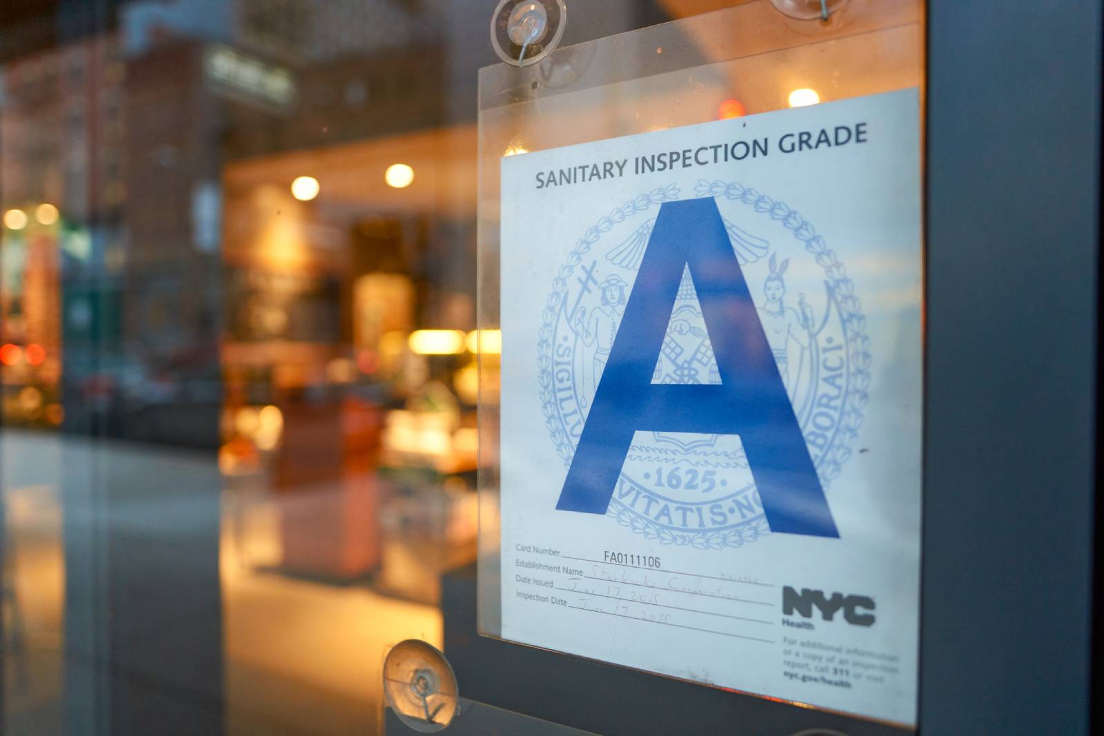 A Sanitary Inspection card with an A rating. Food service establishments need restaurant cleaning services. NYC food service business cleaning services in NYC are a popular service we offer.