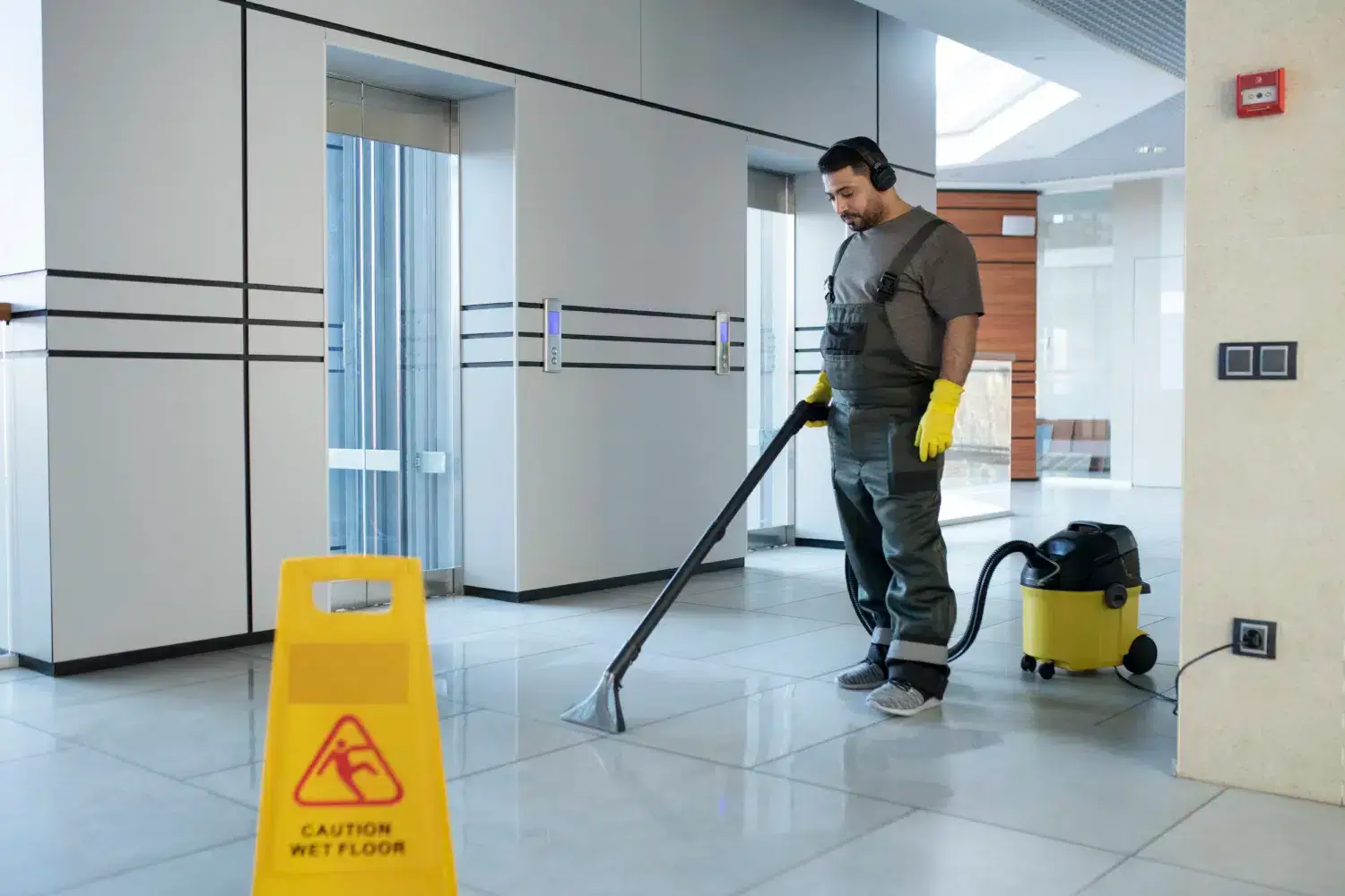 NYC commercial janitor cleaning floors in office building. SanMar cleaning services.